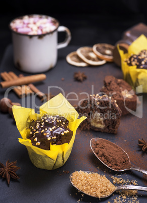 banana chocolate muffins on a black surface