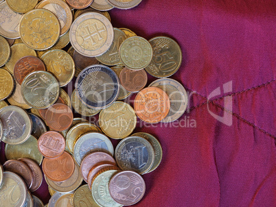 Euro coins, European Union over red velvet background