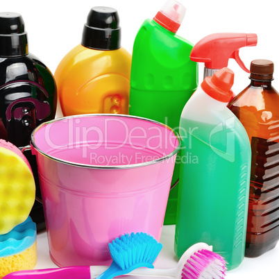 Household chemicals, bucket and brushes for cleaning isolated on