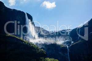 Waterfalls on cliffs near Sognefjord, Norway.