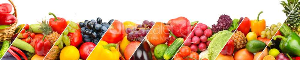 Fruits and vegetables isolated on white background. Panoramic co