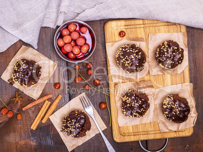 chocolate muffins and a plate of cherries