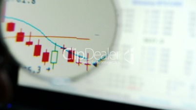 Hand holding magnifier near laptop monitor with online stock market site with trading figures.