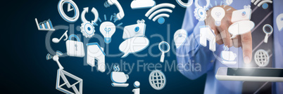 Composite image of cropped image of businessman using digital tablet