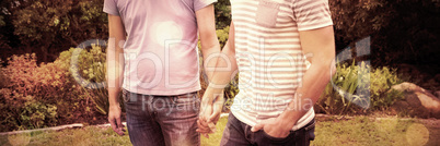 Smiling gay couple walking hand in hand