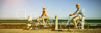 Happy couple riding bicycles on pier