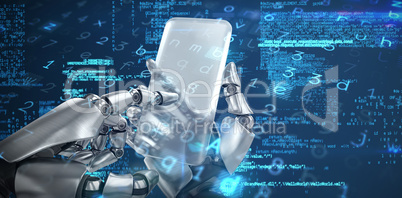 Composite image of robotic hand holding transparent smartphone