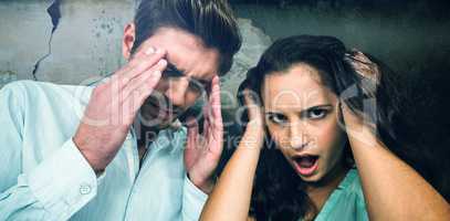 Composite image of frustrated couple against white background
