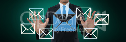 Composite image of mid section of businessman touching invisible interface