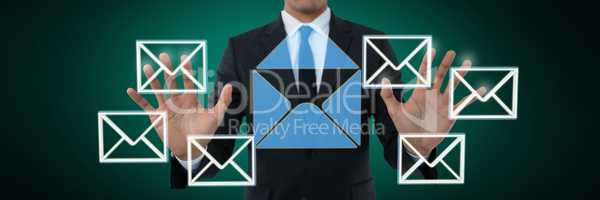 Composite image of mid section of businessman touching invisible interface