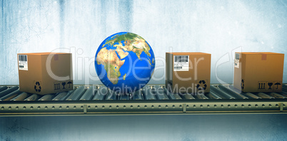 Composite image of blue globe and boxes on conveyor belt