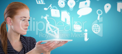 Composite image of young businesswoman holding digital tablet