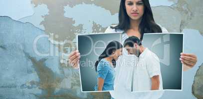Composite image of women holding photo of a couple disputing