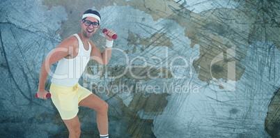 Composite image of geeky hipster lifting dumbbells in sportswear