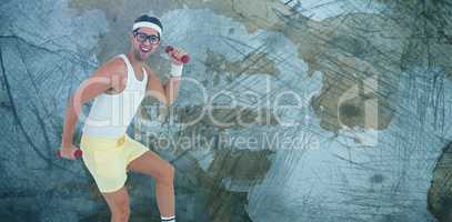 Composite image of geeky hipster lifting dumbbells in sportswear