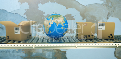 Composite image of blue globe and boxes on 3d conveyor belt