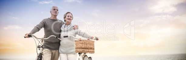 Happy senior couple with their bike