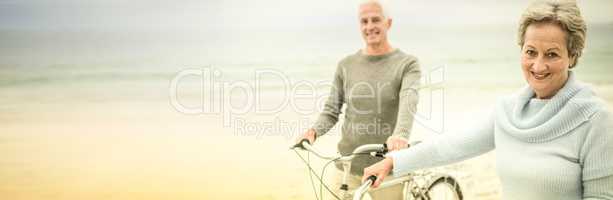 Happy senior couple with their bike