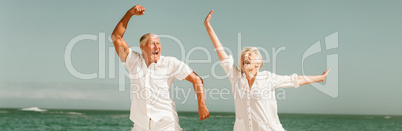 Senior couple jumping at the beach