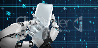 Composite image of robotic hand holding transparent smartphone