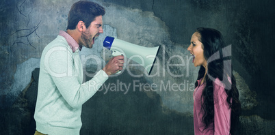 Composite image of side view of couple shouting