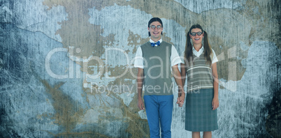 Composite image of geeky hipster couple holding hands Composite image of geeky hipster couple holding hands