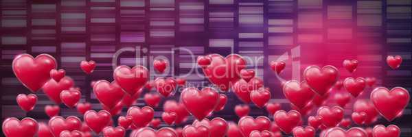 Shiny bubbly Valentines hearts with rectangles purple background