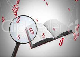 3D Magnifying glass over book with section symbol icons