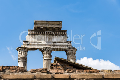 Remains of the three pillars of Temple of Castor and Pollux, Roman Forum, Rome, Italy.