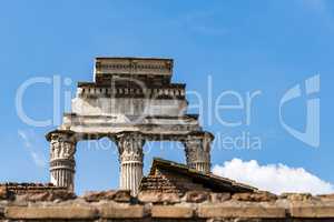 Remains of the three pillars of Temple of Castor and Pollux, Roman Forum, Rome, Italy.
