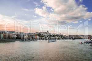 Panoramic city view at dusk from river Danube, Budapest, Hungary.