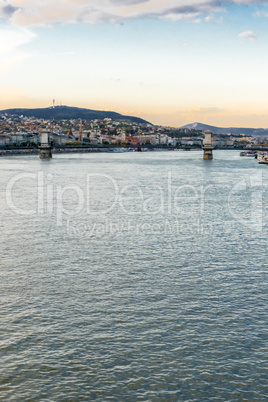 Panoramic city view of Buda hills from river Danube, Budapest, Hungary.