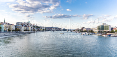 Panoramic city view of both sides of river Danube in Budapest, Hungary.