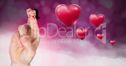 Valentine's fingers love couple and Shiny bubbly Valentines hearts with purple bokeh misty backgroun