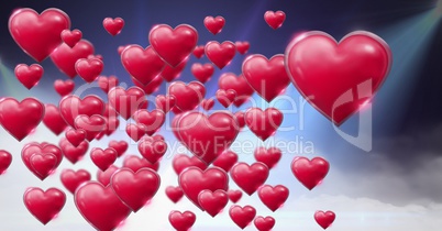 Shiny bubbly Valentines hearts with purple misty lights flares background