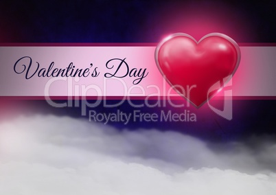 Valentine's Day text and Shiny heart glowing with purple misty background