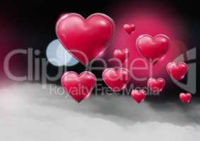 Shiny bubbly Valentines hearts with bokeh misty background