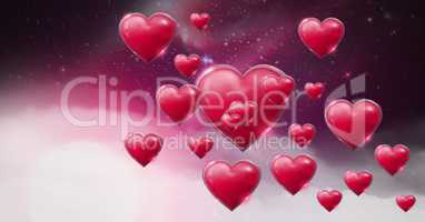Shiny bubbly Valentines hearts with purple space universe misty background