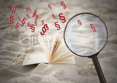 3D Magnifying glass over book with section symbol icons in sand