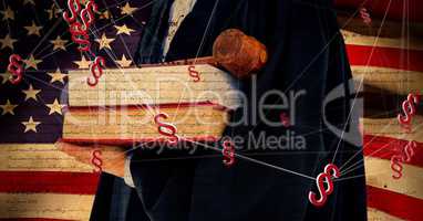 3D Section symbol icons and judge holding gavel and law books with American flag