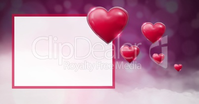 Shiny bubbly Valentines hearts with purple bokeh misty background