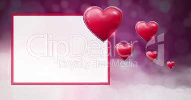 Shiny bubbly Valentines hearts with purple bokeh misty background