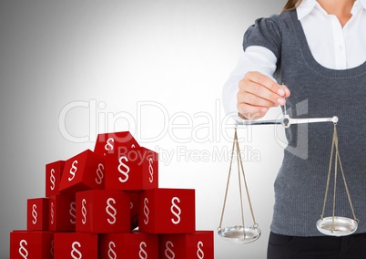 3D Section symbol icons and businesswoman holding balance scales