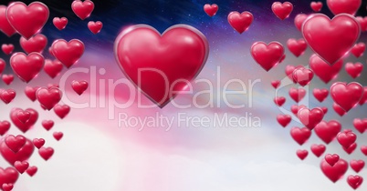 Shiny bubbly Valentines hearts with purple space universe misty background