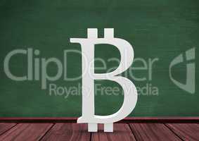 3D Bitcoin icon on floor in room with education blackboard