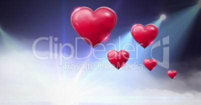 Shiny bubbly Valentines hearts with purple misty lights flares background