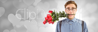 Valentines man with roses and love hearts background