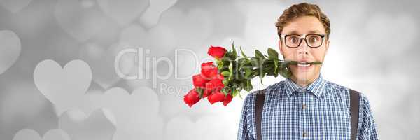 Valentines man with roses and love hearts background