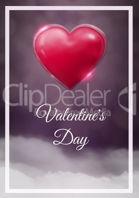 Valentine's Day text and Shiny heart glowing with purple misty background