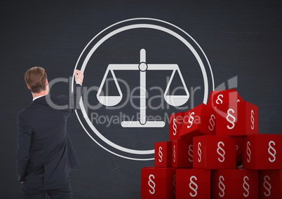 3D Section symbol icons and businessman drawing justice balance scales